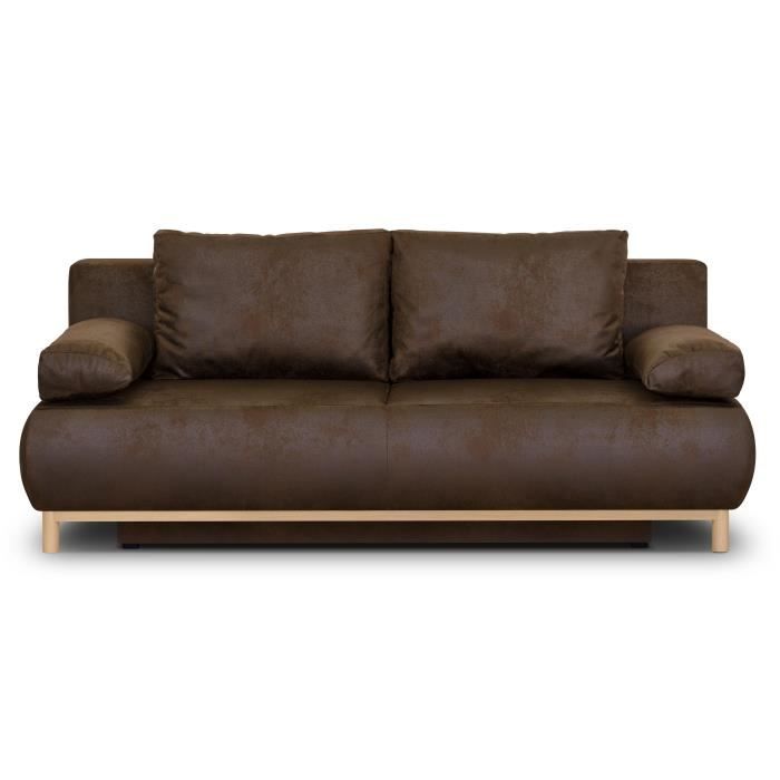 Canapé convertible - 3 places - MIKA - Tissu vintage cuir vieilli Marron foncé - Coffre - 192 x 84 x 93 cm