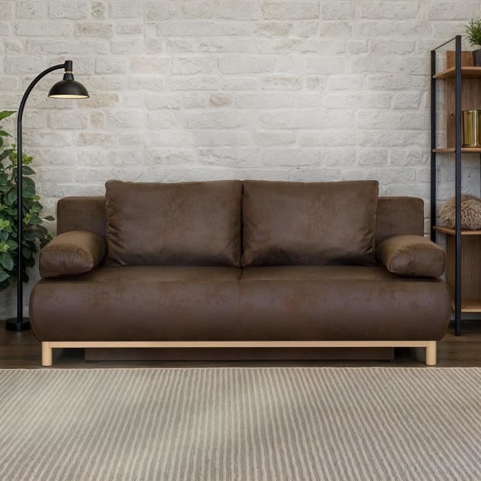 Canapé convertible - 3 places - MIKA - Tissu vintage cuir vieilli Marron foncé - Coffre - 192 x 84 x 93 cm