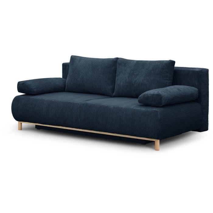 Banquette convertible 3 places MIKA - Velours cÙtelÈ bleu foncÈ - Coffre de rangement - L 192 x H 84 x P 93 cm