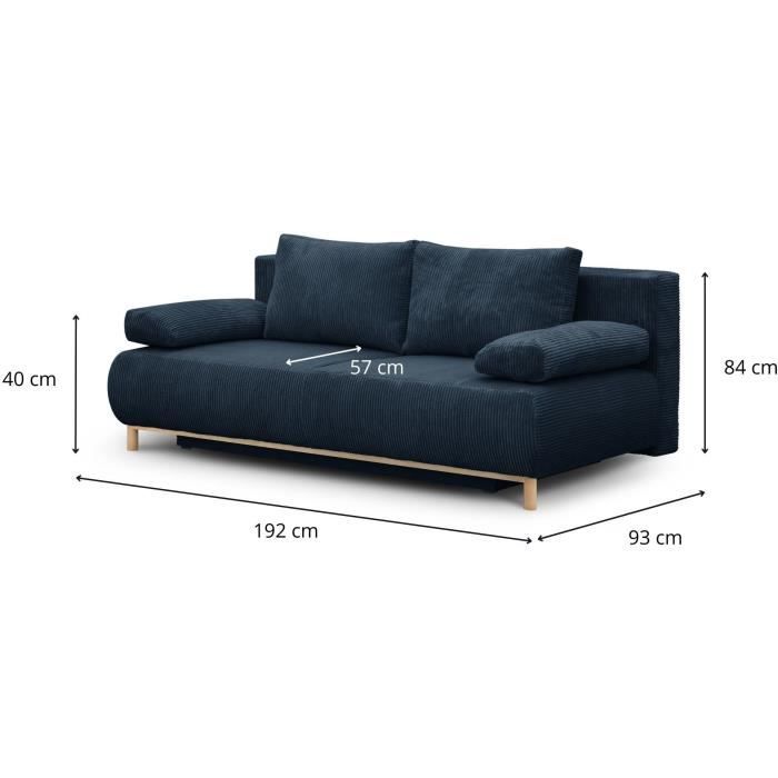 Banquette convertible 3 places MIKA - Velours cÙtelÈ bleu foncÈ - Coffre de rangement - L 192 x H 84 x P 93 cm