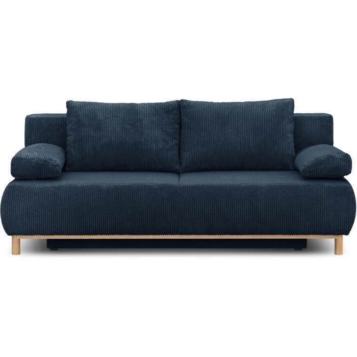 Canapé convertible - 3 places - MIKA - Velours côtelé bleu foncé - Coffre de rangement - L 192 x H 84 x P 93 cm