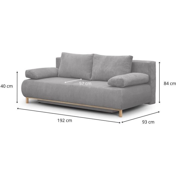 Banquette convertible 3 places MIKA - Velours cÙtelÈ gris clair - Coffre de rangement - L 192 x H 84 x P 93 cm