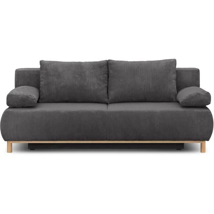 Canapé convertible - 3 places - MIKA - Velours côtelé gris foncé - Coffre de rangement - L 192 x H 84 x P 93 cm