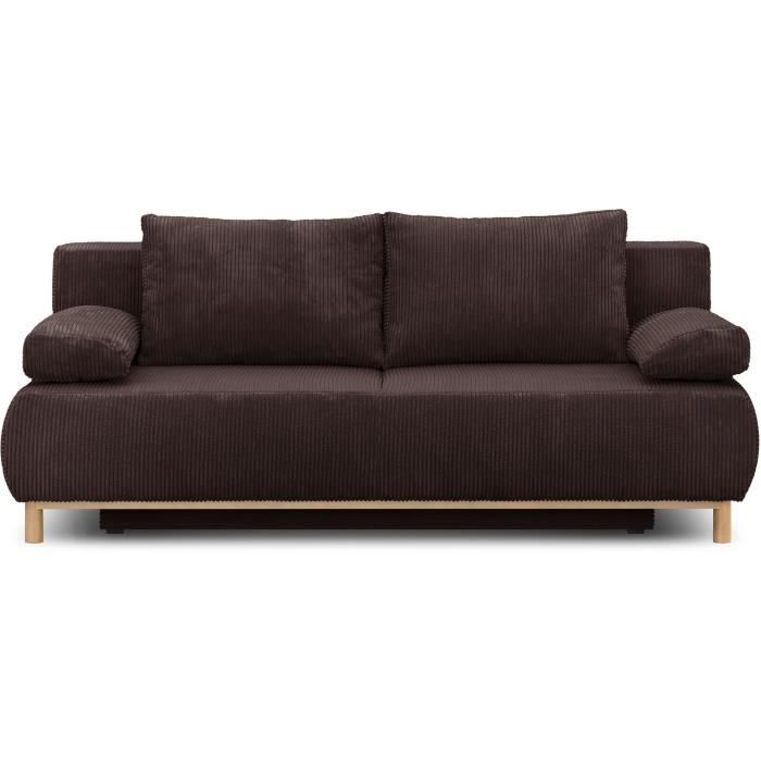 Canapé convertible - 3 places - MIKA - Velours côtelé marron foncé - Coffre de rangement - L 192 x H 84 x P 93 cm