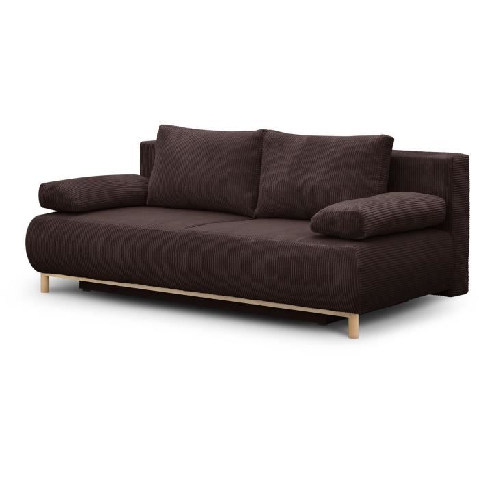 Banquette convertible 3 places MIKA - Velours côtelé marron foncé - Coffre de rangement - L 192 x H 84 x P 93 cm