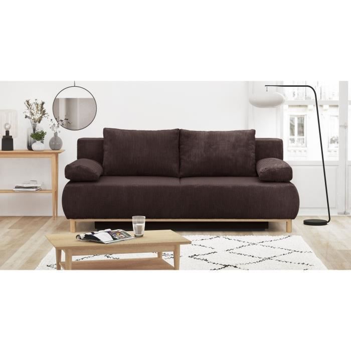 Canapé convertible - 3 places - MIKA - Velours côtelé marron foncé - Coffre de rangement - L 192 x H 84 x P 93 cm