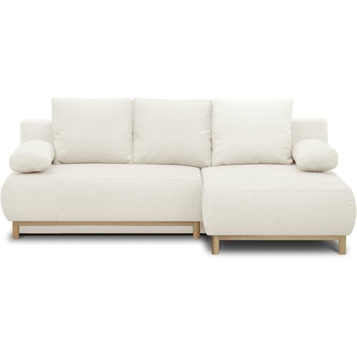 Canapé d'angle droit convertible - 3 places - MIKA - Tissu bouclettes écru - Coffre de rangement - 192 x 84 x 93 cm