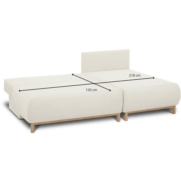Canapé d'angle droit convertible - 3 places - MIKA - Tissu bouclettes écru - Coffre de rangement - 192 x 84 x 93 cm