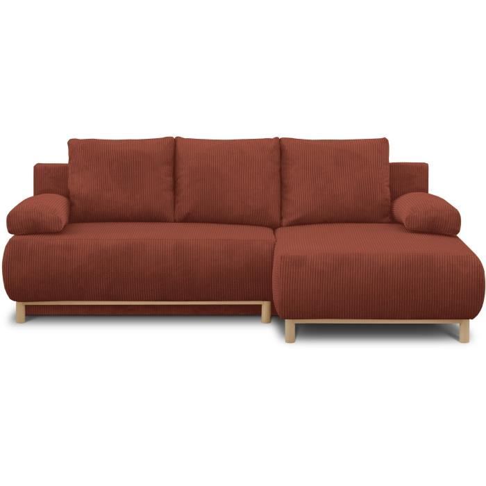 Canapé d'angle droit convertible - 3 places - MIKA - Tissu velours côtelé rouille - Coffre de rangement - 192 x 84 x 93 cm