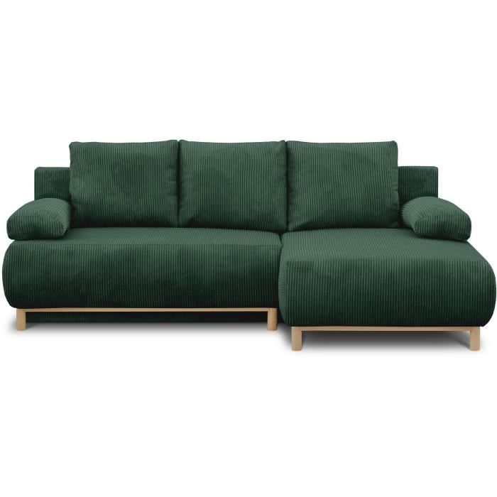 Canapé d'angle droite convertible - 3 places - MIKA - Tissu velours côtelé vert foncé - Coffre de rangement - 192 x 84 x 93 cm