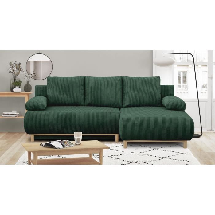 Canapé d'angle droite convertible - 3 places - MIKA - Tissu velours côtelé vert foncé - Coffre de rangement - 192 x 84 x 93 cm