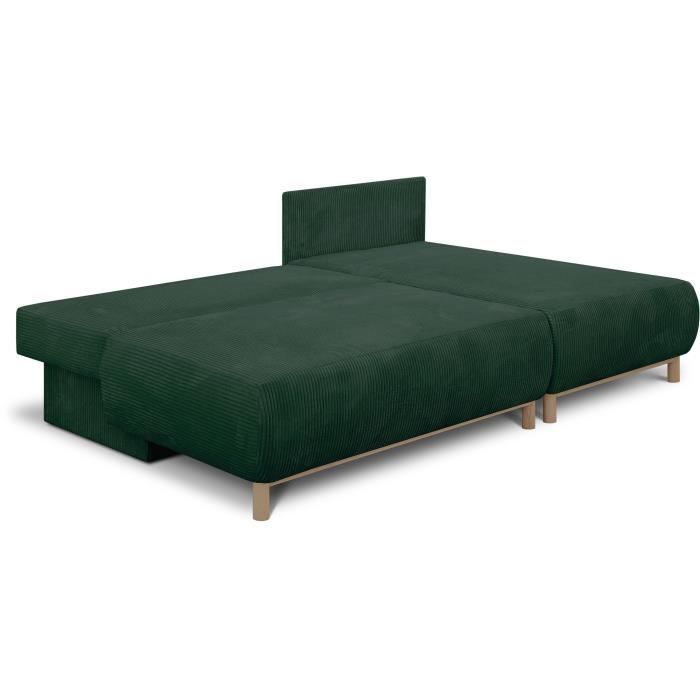 Canapé d'angle droite convertible - 3 places - MIKA - Tissu velours côtelé vert foncé - Coffre de rangement - 192 x 84 x 93 cm