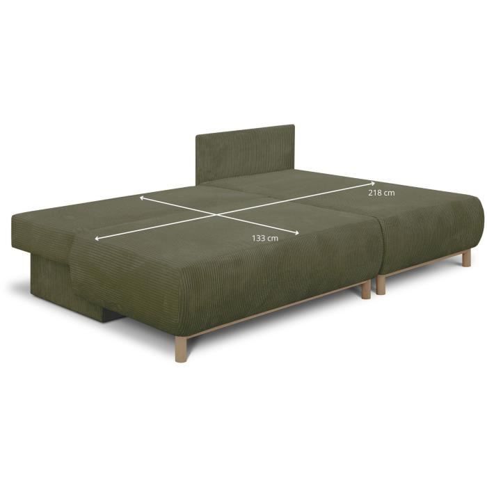 Canapé d'angle droit convertible - 3 places - MIKA - Tissu velours côtelé vert kaki - Coffre de rangement - 192 x 84 x 93 cm