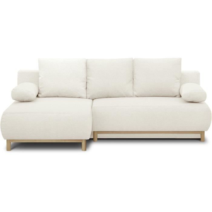 Canapé d'angle gauche convertible - 3 places - MIKA - Tissu bouclettes écru - Coffre de rangement - 192 x 84 x 93 cm