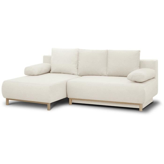 Canapé d'angle gauche convertible - 3 places - MIKA - Tissu bouclettes écru - Coffre de rangement - 192 x 84 x 93 cm