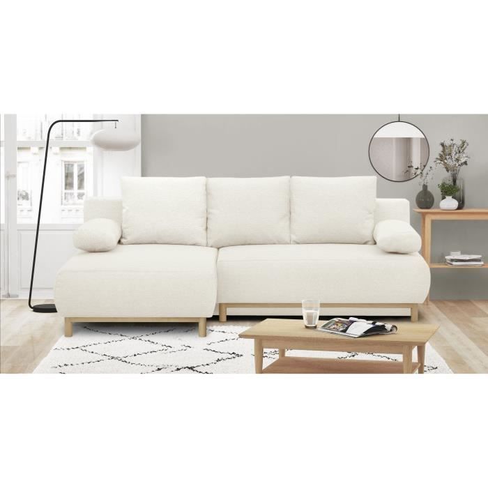 Canapé d'angle gauche convertible - 3 places - MIKA - Tissu bouclettes écru - Coffre de rangement - 192 x 84 x 93 cm