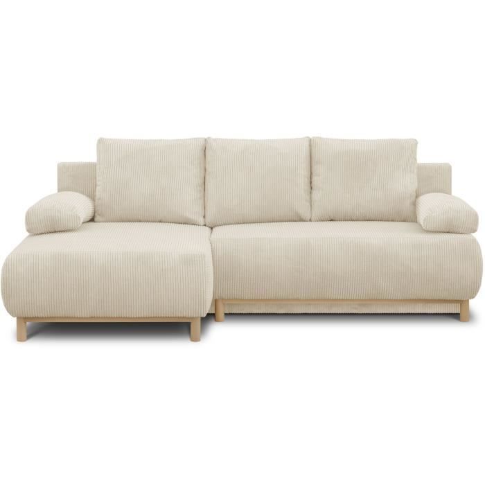 CanapÈ d'angle gauche convertible MIKA 3 places - Velours cÙtelÈ beige - Coffre de rangement - L218 x P98/145 x H84 cm