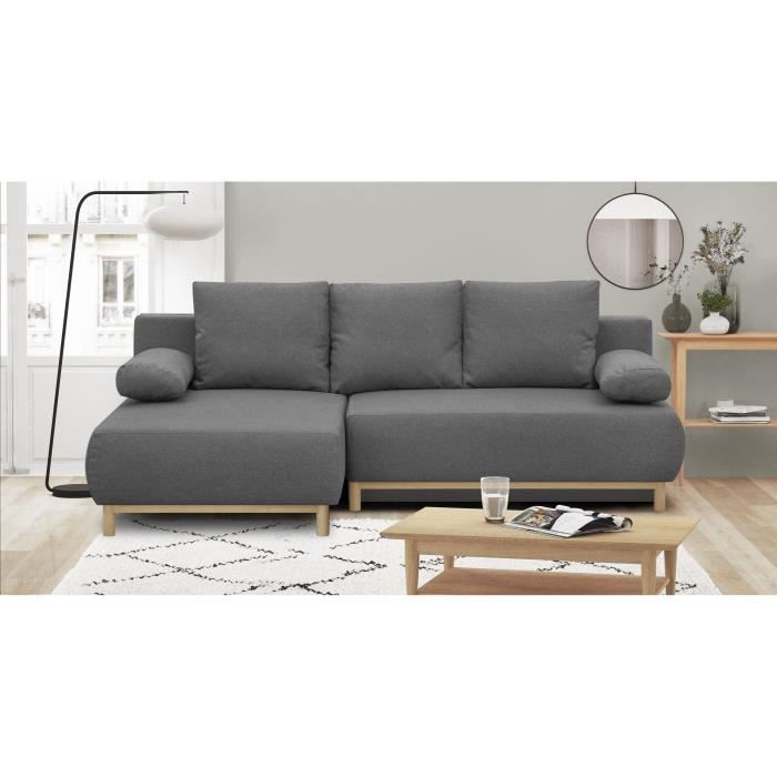 CanapÈ d'angle gauche convertible MIKA 3 places - Tissu gris clair - Coffre de rangement - L218 x P98/145 x H84 cm