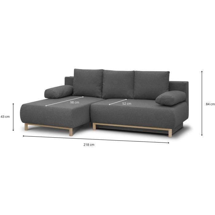 CanapÈ d'angle gauche convertible MIKA 3 places - Tissu gris clair - Coffre de rangement - L218 x P98/145 x H84 cm