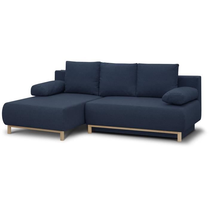 CanapÈ d'angle gauche convertible MIKA 3 places - Tissu bleu foncÈ - Coffre de rangement - L218 x P98/145 x H84 cm