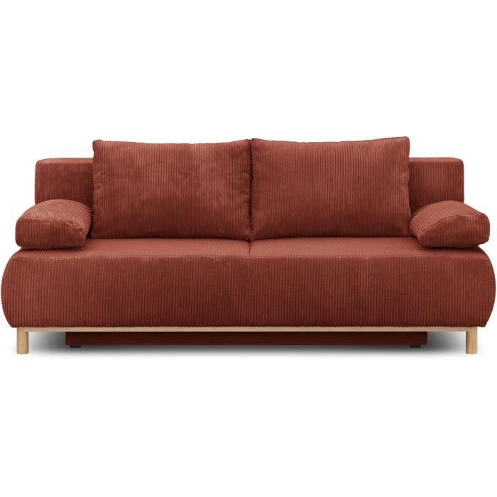 Banquette convertible 3 places MIKA - Velours cÙtelÈ Terracotta - Coffre de rangement - L 192 x H 84 x P 93 cm