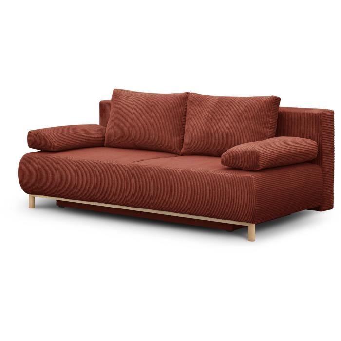 Banquette convertible 3 places MIKA - Velours cÙtelÈ Terracotta - Coffre de rangement - L 192 x H 84 x P 93 cm