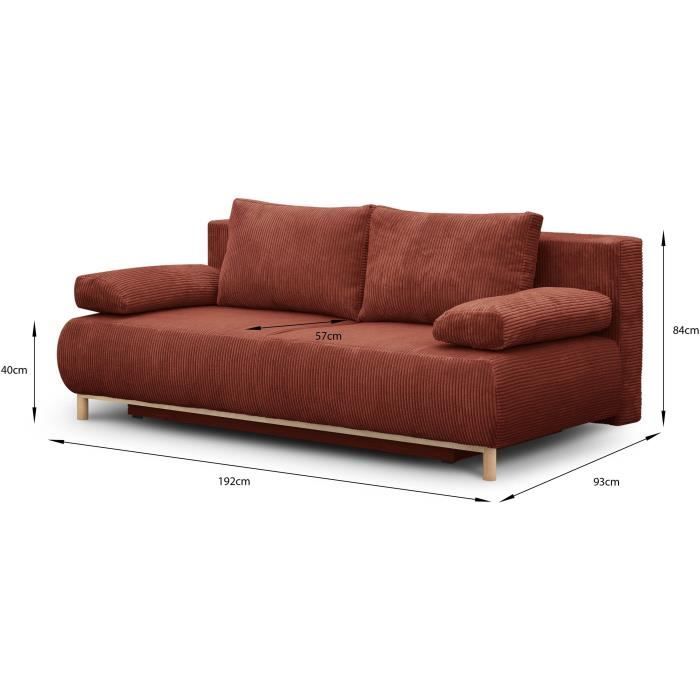 Banquette convertible 3 places MIKA - Velours cÙtelÈ Terracotta - Coffre de rangement - L 192 x H 84 x P 93 cm