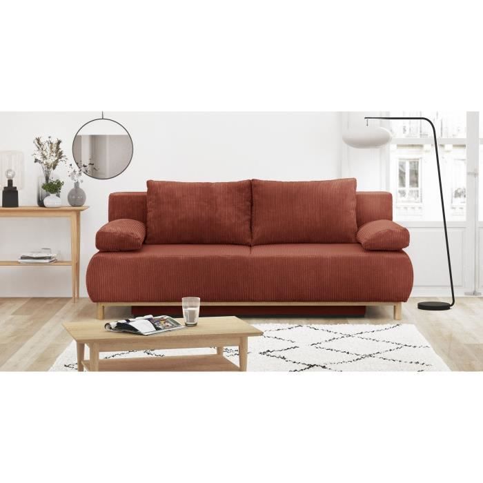 Banquette convertible 3 places MIKA - Velours cÙtelÈ Terracotta - Coffre de rangement - L 192 x H 84 x P 93 cm