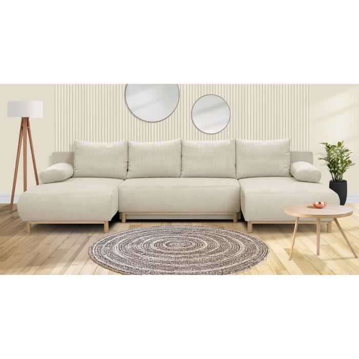 Canapé panoramique convertible - 6 places - MIKA - Velours côtelé Beige - Coffre de rangement - 313 x 84 x 145 cm