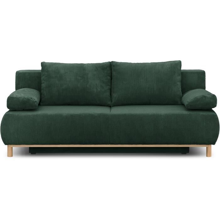 Banquette convertible 3 places MIKA - Velours cÙtelÈ Vert foret - Coffre de rangement - L 192 x H 84 x P 93 cm