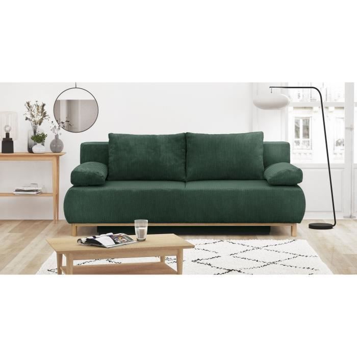 Banquette convertible 3 places MIKA - Velours cÙtelÈ Vert foret - Coffre de rangement - L 192 x H 84 x P 93 cm