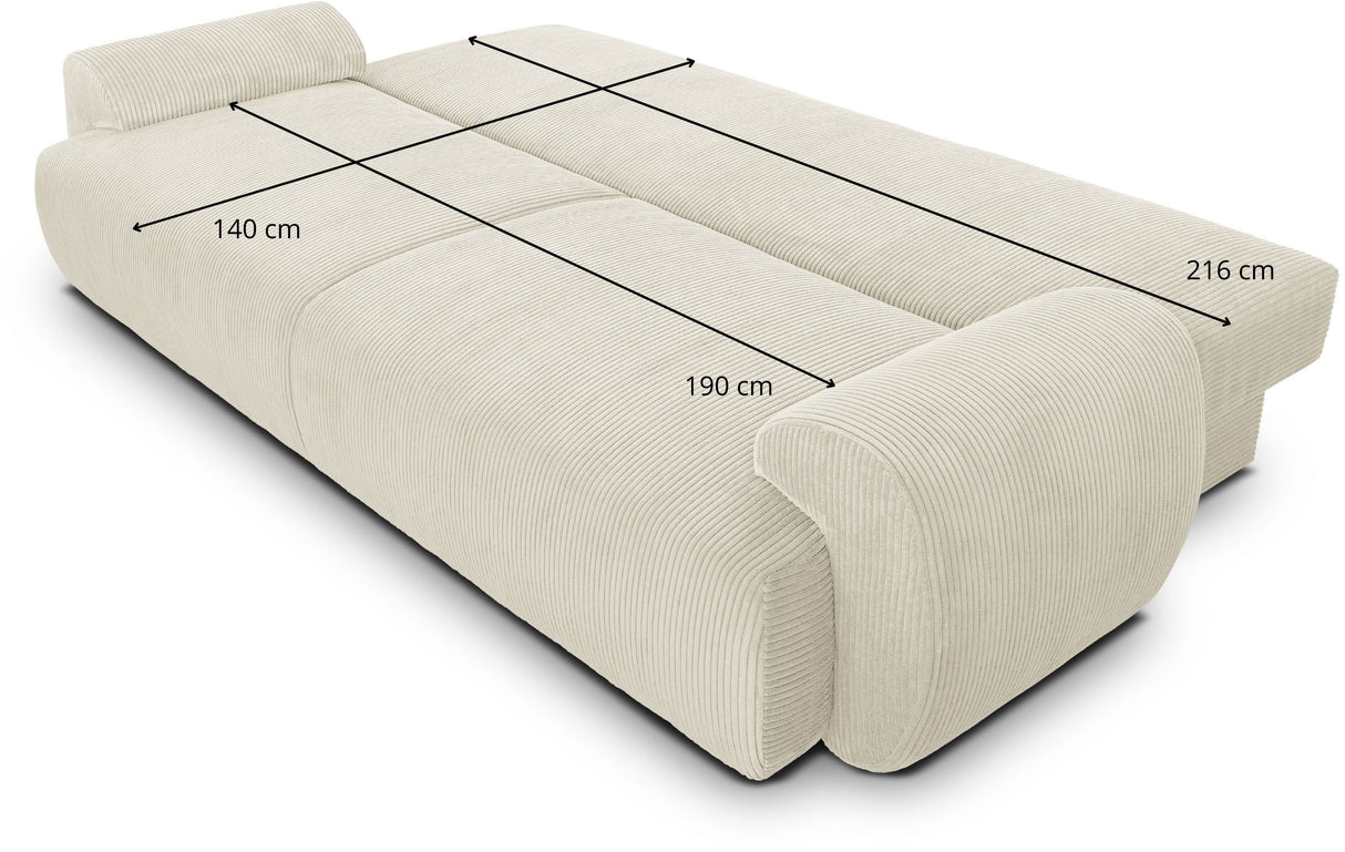 Canapé convertible - 3 places - MILO - Tissu velours côtelé Beige - Coffre de rangement - 254 x 99 x 84 cm