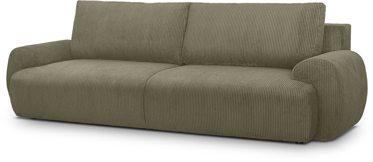 Canapé convertible - 3 places - MILO - Tissu velours côtelé Vert kaki - Coffre de rangement - 254 x 99 x 84 cm