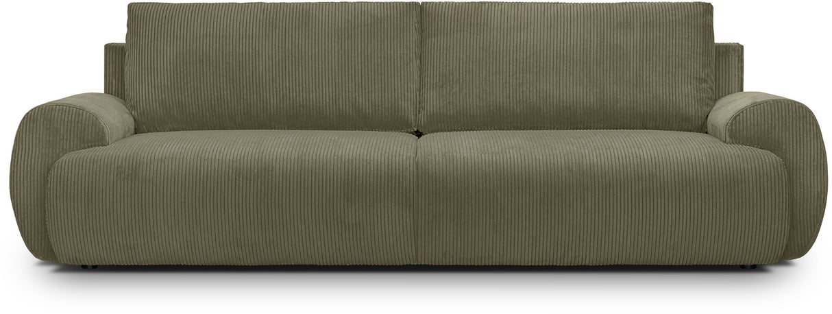 Canapé convertible - 3 places - MILO - Tissu velours côtelé Vert kaki - Coffre de rangement - 254 x 99 x 84 cm