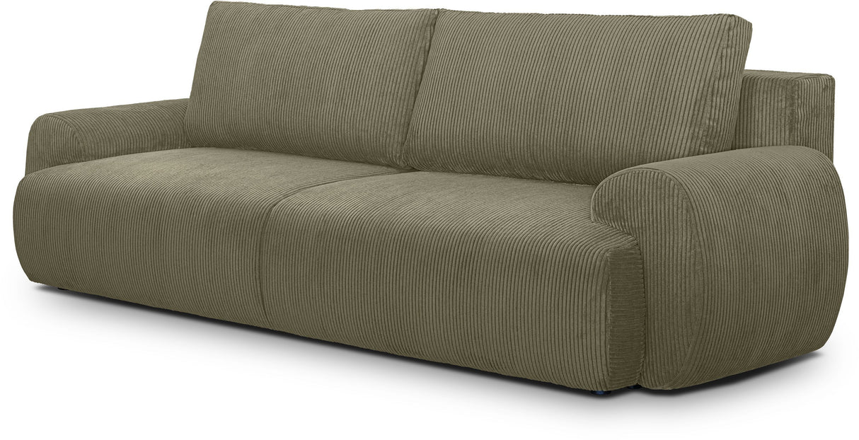 Canapé convertible - 3 places - MILO - Tissu velours côtelé Vert kaki - Coffre de rangement - 254 x 99 x 84 cm