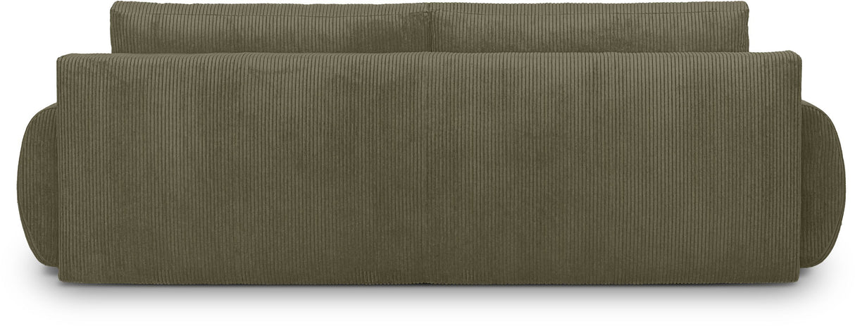 Canapé convertible - 3 places - MILO - Tissu velours côtelé Vert kaki - Coffre de rangement - 254 x 99 x 84 cm