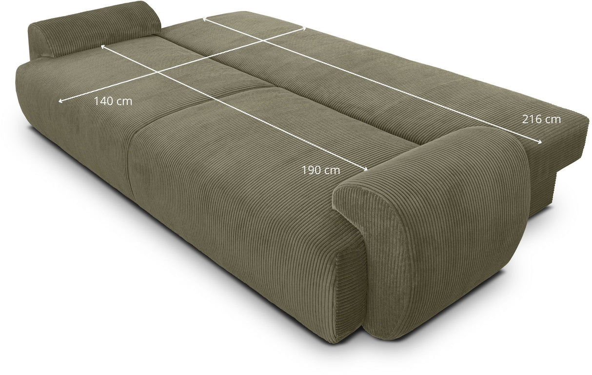 Canapé convertible - 3 places - MILO - Tissu velours côtelé Vert kaki - Coffre de rangement - 254 x 99 x 84 cm