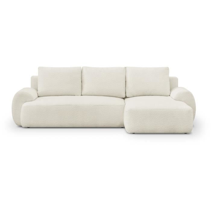 Canapé d'angle droit convertible 4/5 places MILO - Tissu bouclette beige clair - Coffre de rangement - L 264 x H 84 x P 99/145 cm