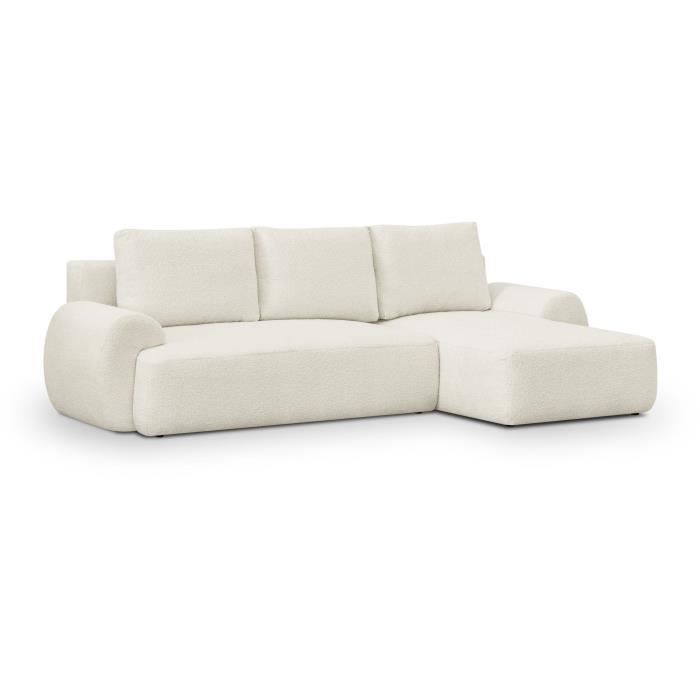 Canapé d'angle droit convertible 4/5 places MILO - Tissu bouclette beige clair - Coffre de rangement - L 264 x H 84 x P 99/145 cm