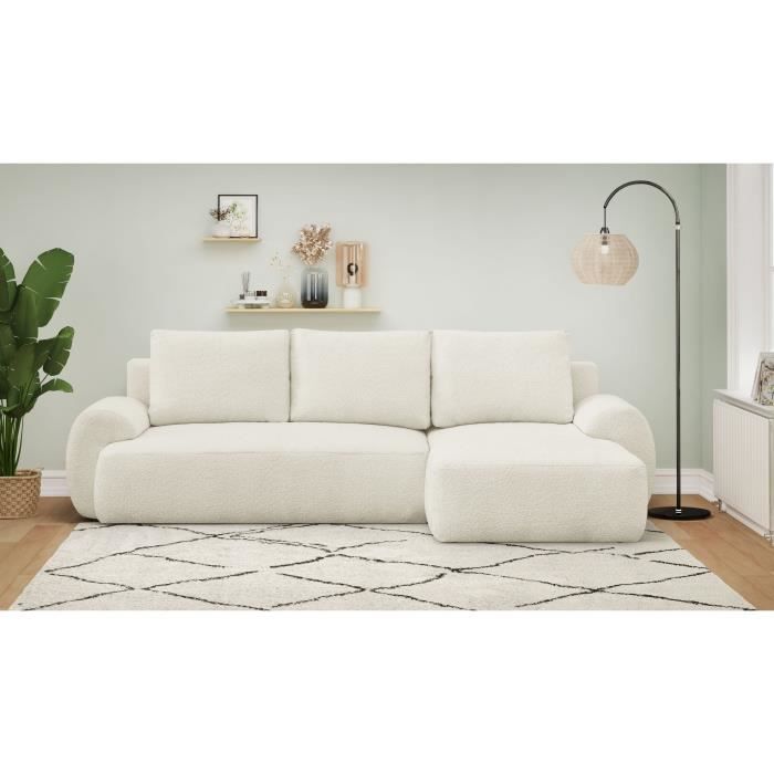 Canapé d'angle droit convertible 4/5 places MILO - Tissu bouclette beige clair - Coffre de rangement - L 264 x H 84 x P 99/145 cm