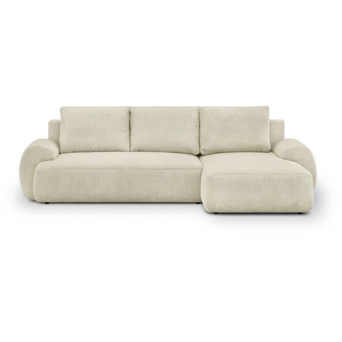 Canapé d'angle droit convertible 4/5 places MILO - Velours côtelés beige - Coffre de rangement - L 264 x H 84 x P 99/145 cm