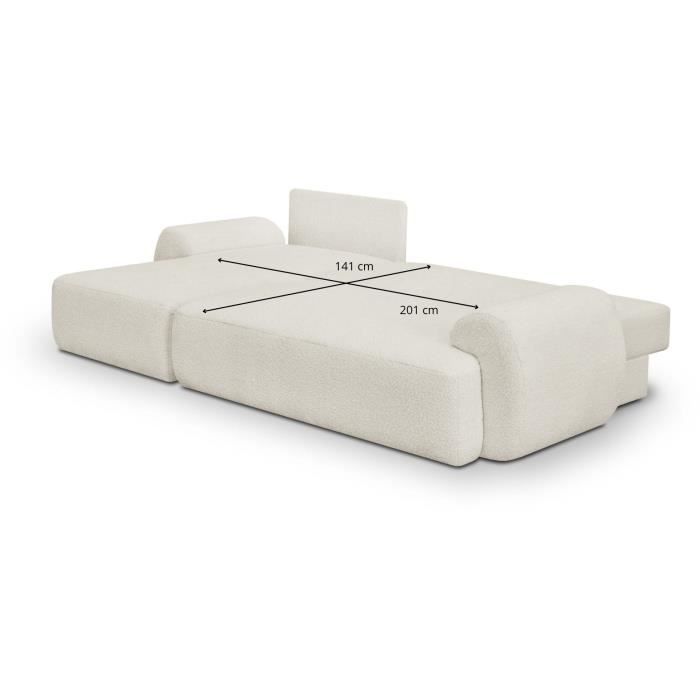 Canapé d'angle gauche convertible 4/5 places MILO - Tissu bouclette beige clair - Coffre de rangement - L 264 x H 84 x P 99/145 cm