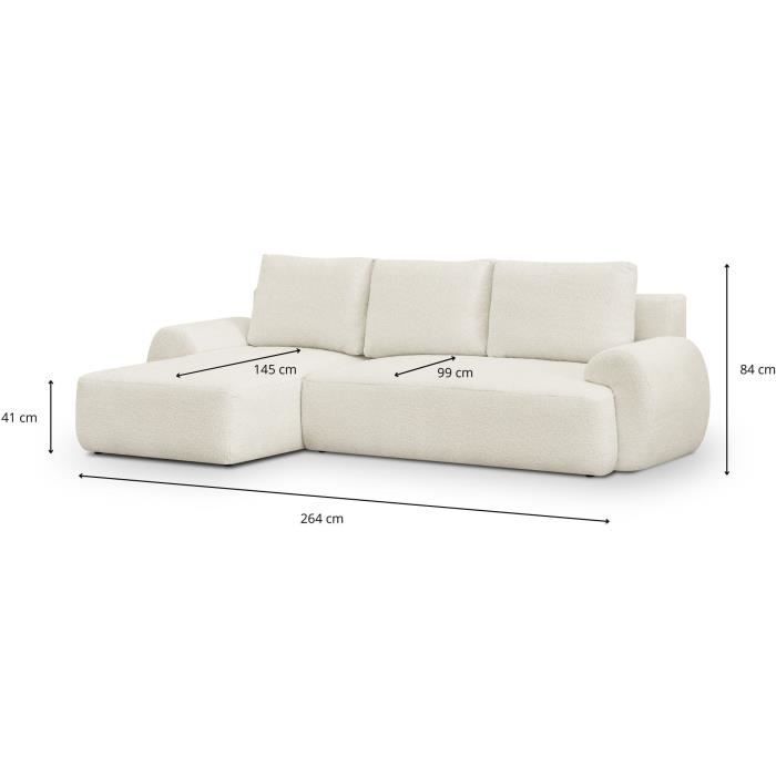 Canapé d'angle gauche convertible 4/5 places MILO - Tissu bouclette beige clair - Coffre de rangement - L 264 x H 84 x P 99/145 cm
