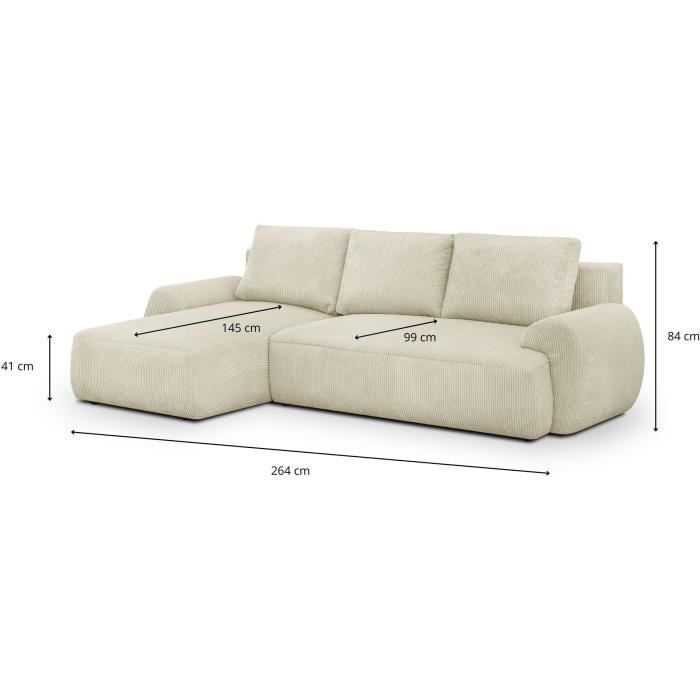 Canapé d'angle gauche convertible 4/5 places MILO - Velours côtelés beige - Coffre de rangement - L 264 x H 84 x P 99/145 cm