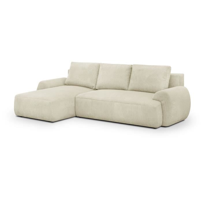Canapé d'angle gauche convertible 4/5 places MILO - Velours côtelés beige - Coffre de rangement - L 264 x H 84 x P 99/145 cm