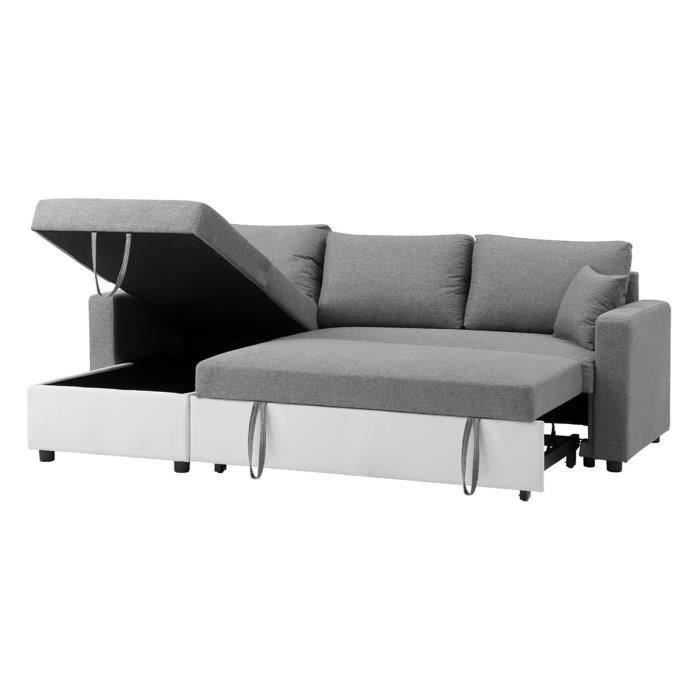 CanapÈ d'angle rÈversible convertible grand couchage + coffre - Tissu Blanc et gris - L 228 x P 148 x H 86 cm - OWENS