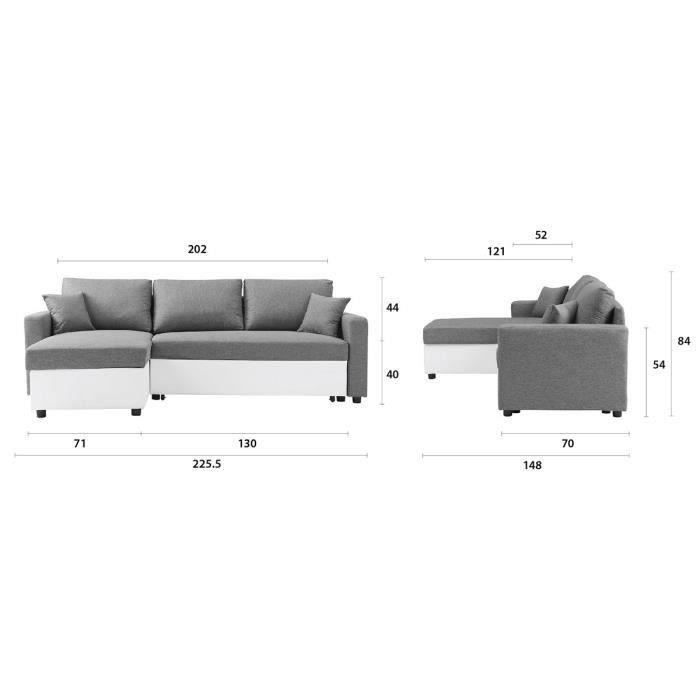CanapÈ d'angle rÈversible convertible grand couchage + coffre - Tissu Blanc et gris - L 228 x P 148 x H 86 cm - OWENS
