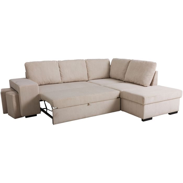 Canapé d'angle convertible réversible - 4/5 places - MITCHELL - Velours côtelé Beige - Coffre, Poufs USB - 247 x 205 x 91 cm