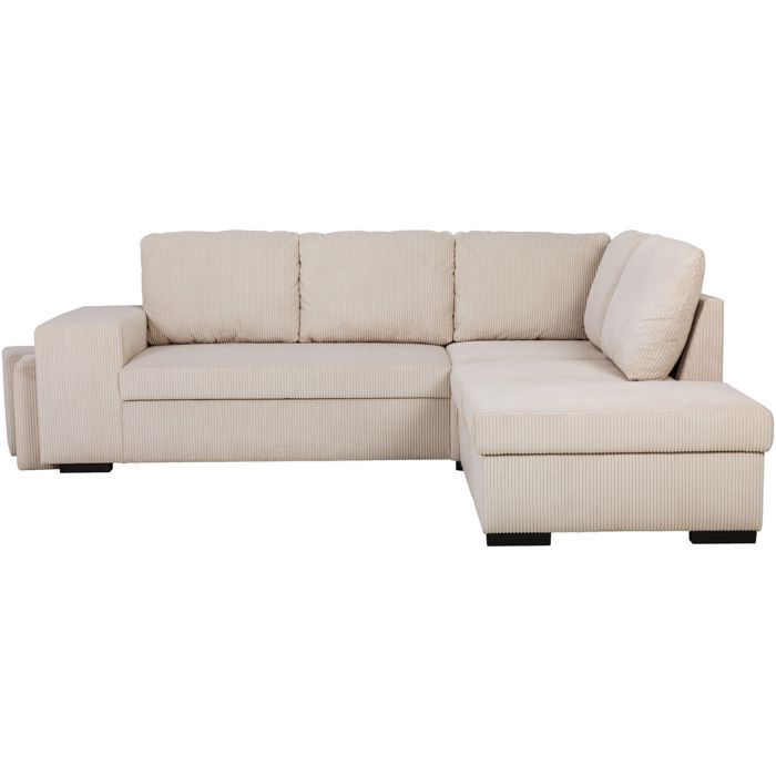 Canapé d'angle convertible réversible - 4/5 places - MITCHELL - Velours côtelé Beige - Coffre, Poufs USB - 247 x 205 x 91 cm