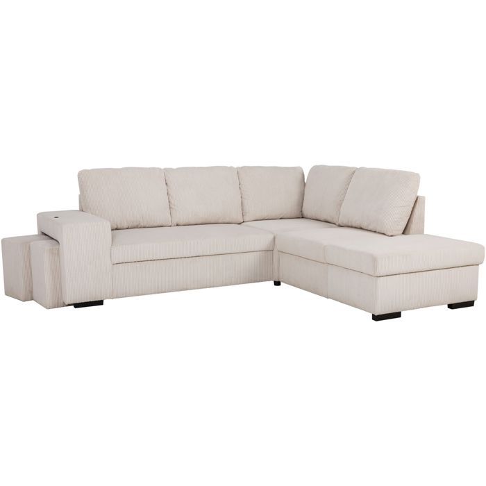 Canapé d'angle convertible réversible - 4/5 places - MITCHELL - Velours côtelé Beige - Coffre, Poufs USB - 247 x 205 x 91 cm